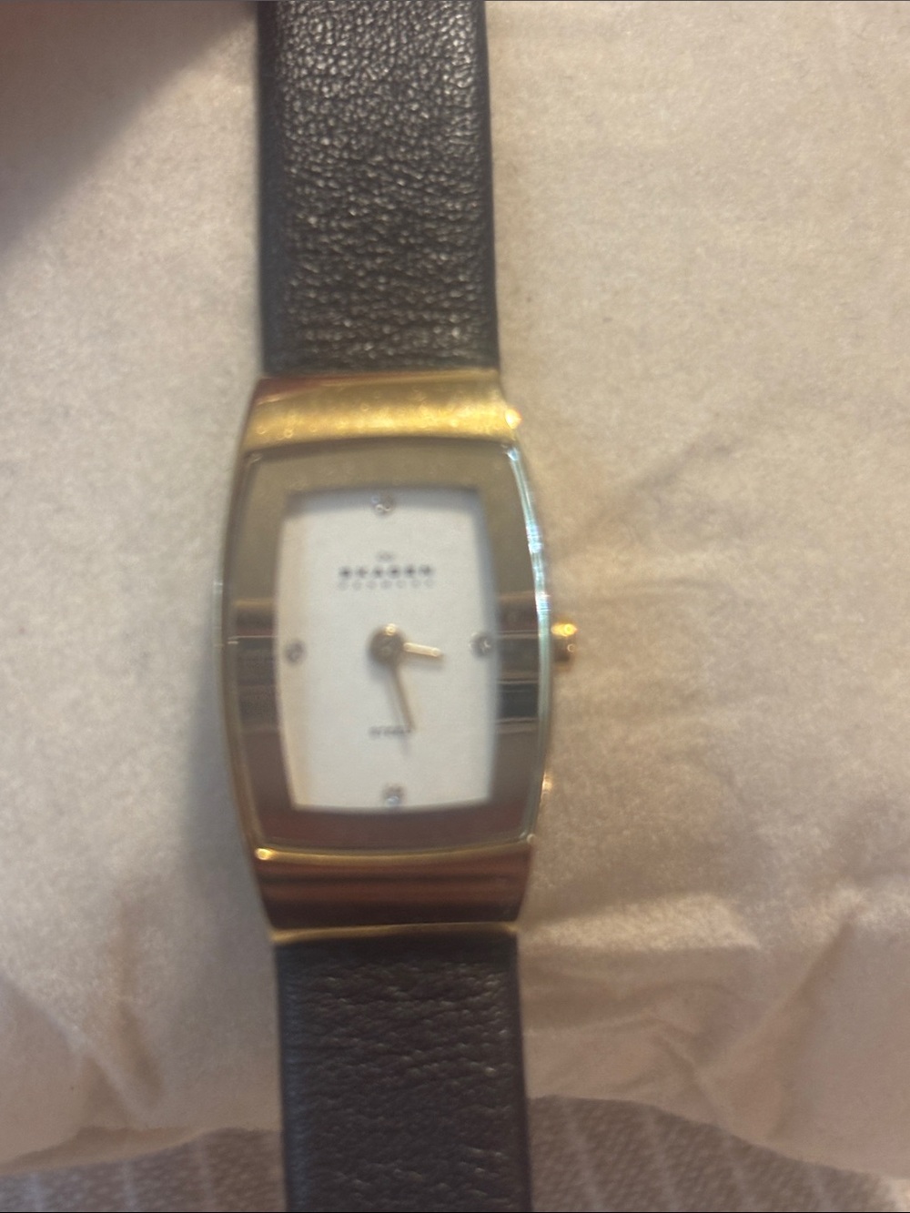 Skagen steel Gold-Tone Rectangular Dress Watch with Brown Leather Strap. Needs b